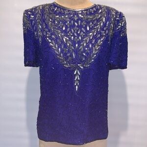 Mark & John by Sam silk Royal blue beaded and sequined top, Small